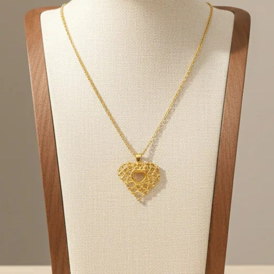 Grid Texture Hollow Heart Pendant Necklace Gold Tone Stainless Steel Minimalist