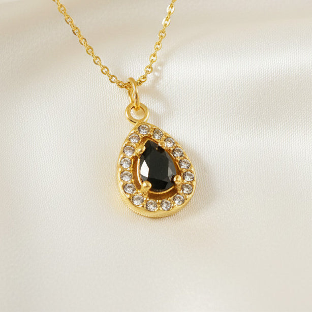 Water Drop Halo Zircon Pendant Necklace 18K Gold Plated Stainless Steel Black