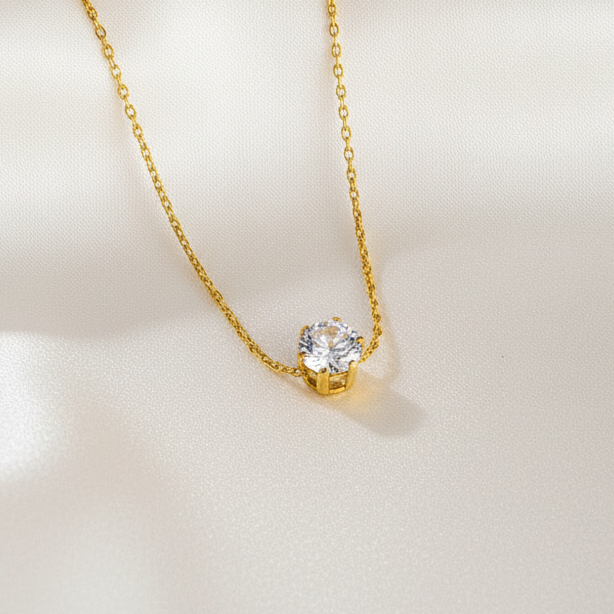 Round Solitaire Pendant Necklace Titanium Steel 18K Gold Plated Cubic Zirconia