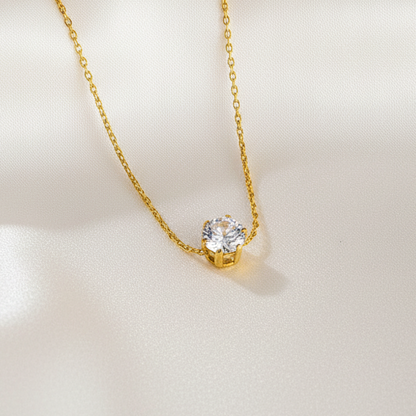 Round Solitaire Pendant Necklace Titanium Steel 18K Gold Plated Cubic Zirconia