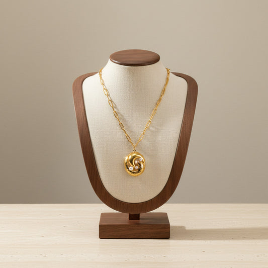 Vortex Ring Pearl Pendant Necklace Stainless Steel 18K Gold Plated Paperclip Chain