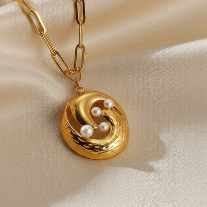 Vortex Ring Pearl Pendant Necklace Stainless Steel 18K Gold Plated Paperclip Chain