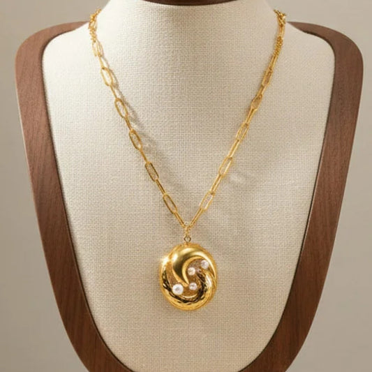 Vortex Ring Pearl Pendant Necklace Stainless Steel 18K Gold Plated Paperclip Chain
