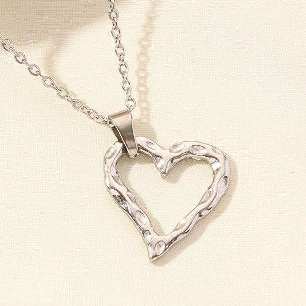 Hammered Hollow Heart Pendant Necklace Silver Tone Stainless Steel Minimalist