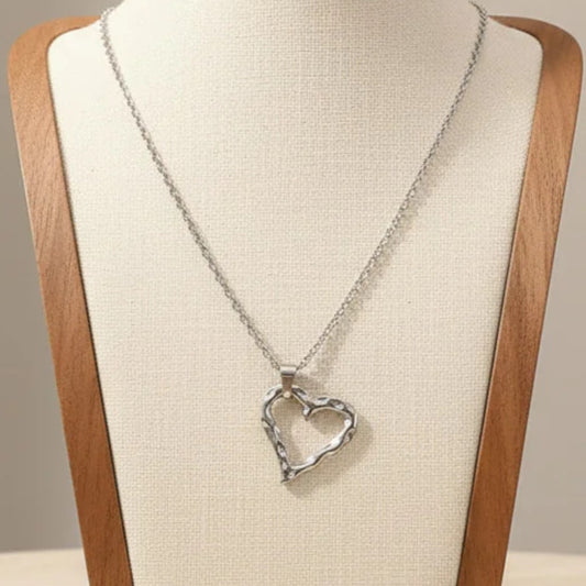 Hammered Hollow Heart Pendant Necklace Silver Tone Stainless Steel Minimalist