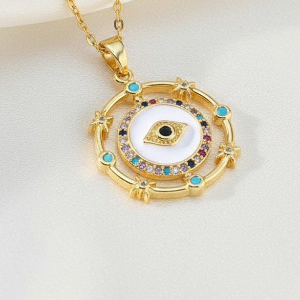 Star Enamel Evil Eye Pendant Necklace 18K Gold Plated Copper Cubic Zirconia