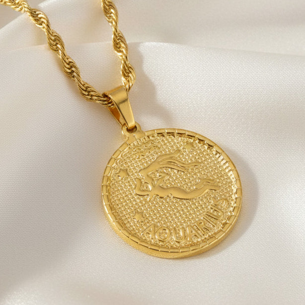 Zodiac Coin Pendant Necklace 18K Gold Plated Stainless Steel Rope Chain Constellation