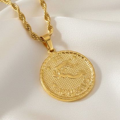 Zodiac Coin Pendant Necklace 18K Gold Plated Stainless Steel Rope Chain Constellation