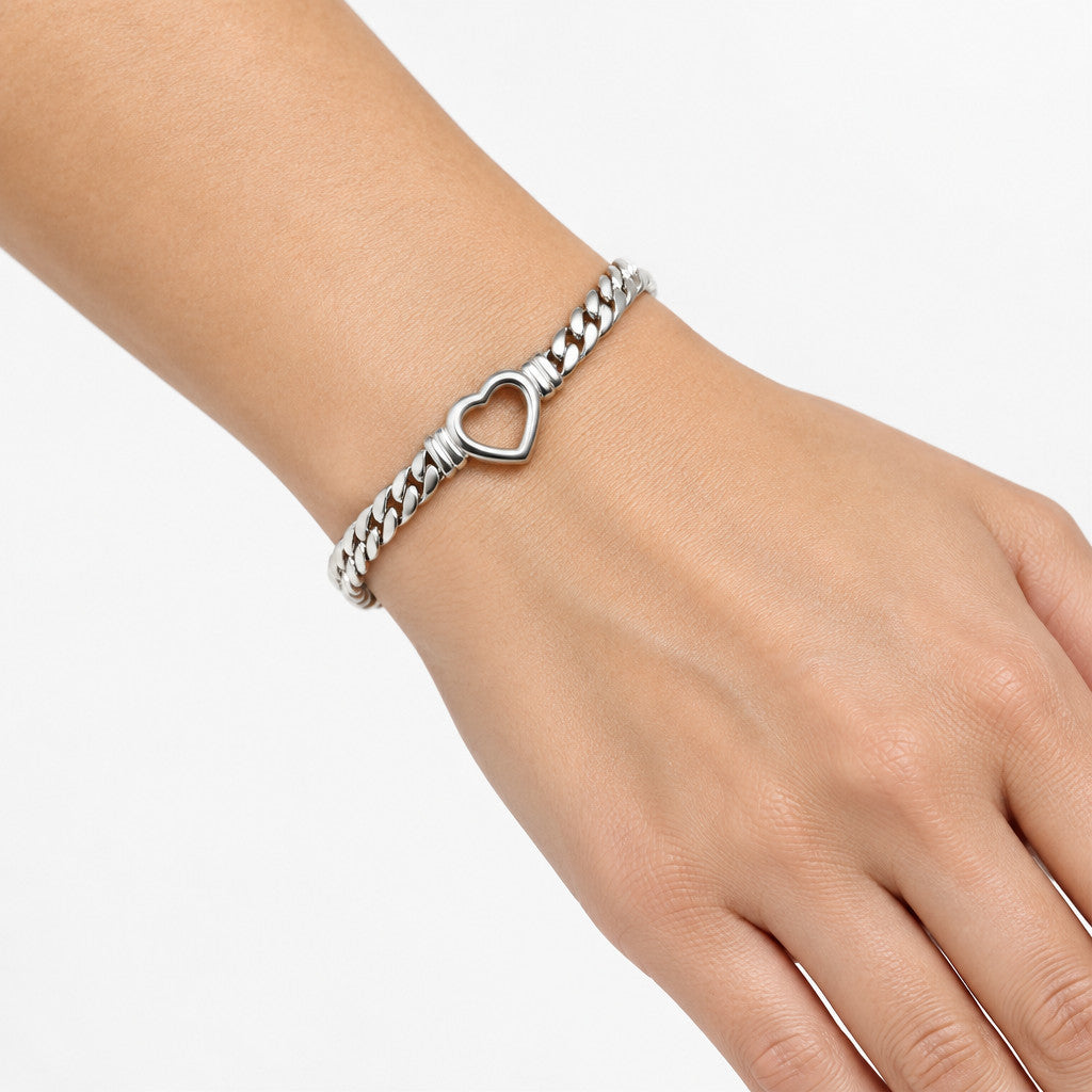 Hollow Heart Charm Bracelet Cuban Link - Silver