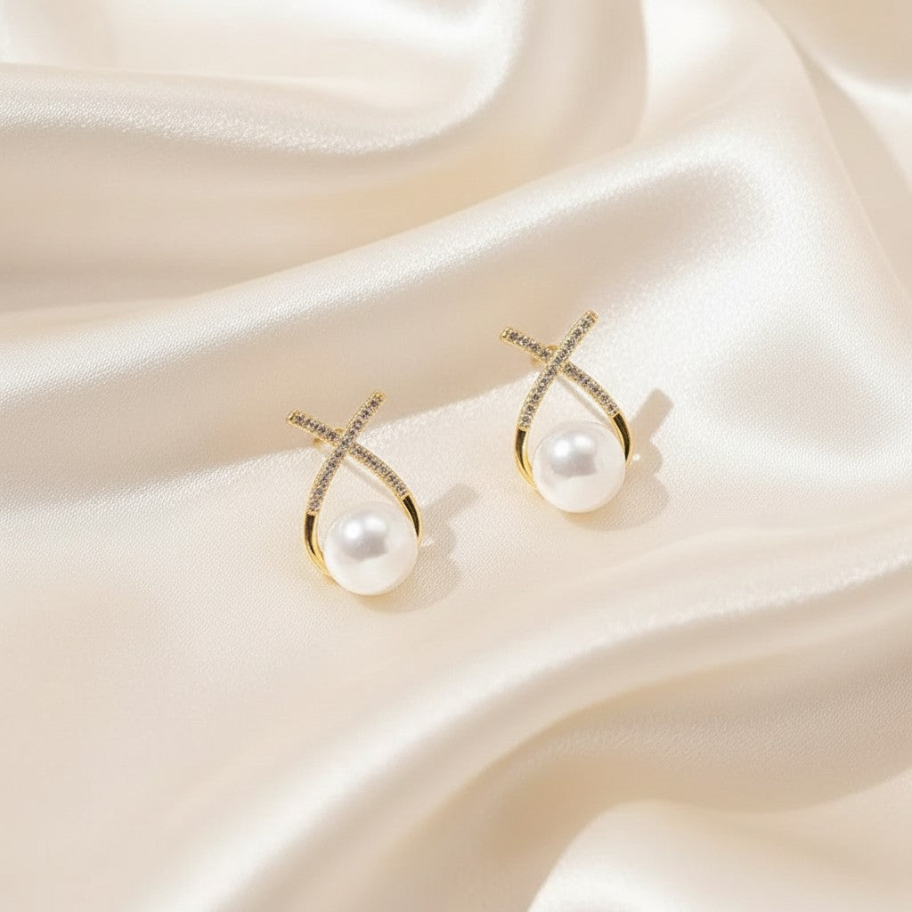 Alloy Rhinestone Cross Pearl Studs