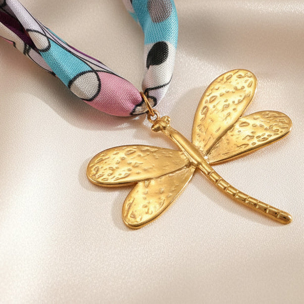 Satin Scarf Dragonfly Pendant Necklace Stainless Steel 18K Gold Plated