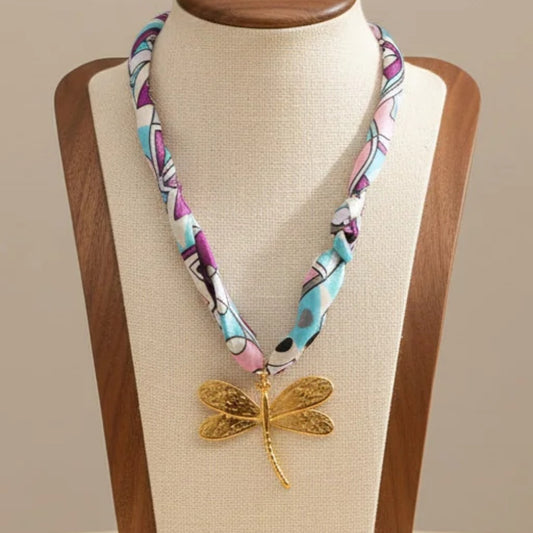 Satin Scarf Dragonfly Pendant Necklace Stainless Steel 18K Gold Plated