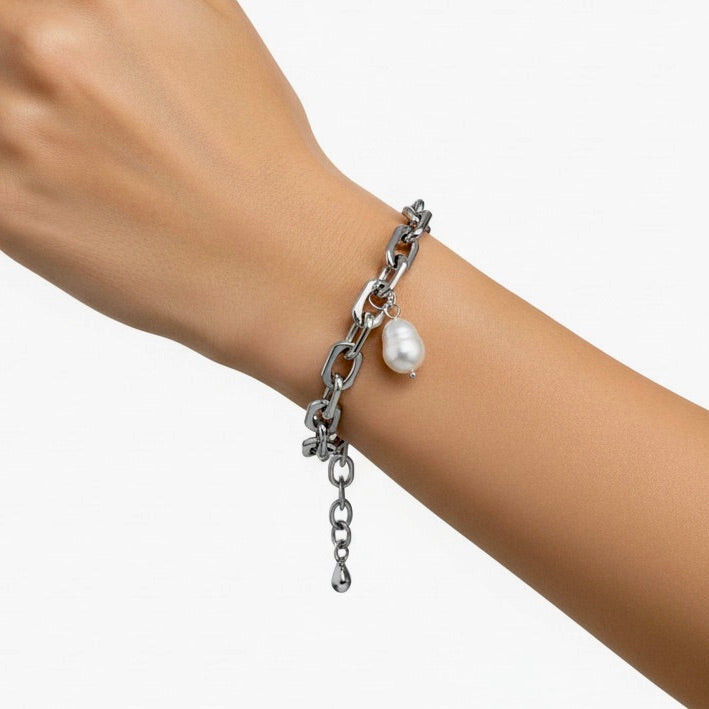 Faux Pearl Pendant Thick Link Chain Bracelet - Silver