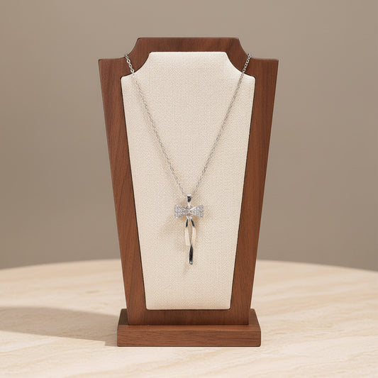 Bowknot Butterfly Rhinestone Pendant Necklace Silver Tone Titanium Steel
