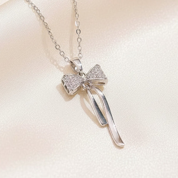 Bowknot Butterfly Rhinestone Pendant Necklace Silver Tone Titanium Steel