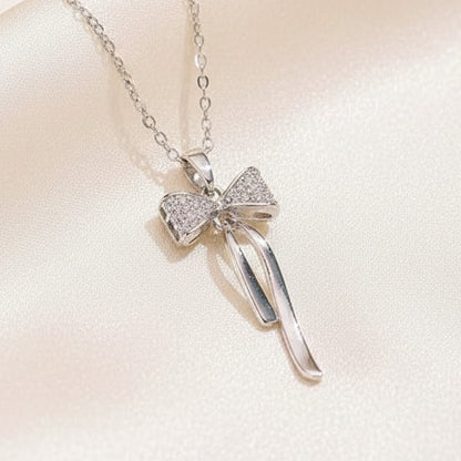 Bowknot Butterfly Rhinestone Pendant Necklace Silver Tone Titanium Steel