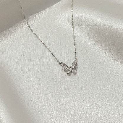 925 Sterling Silver Butterfly Rhinestone Pendant Necklace Water Wave Chain