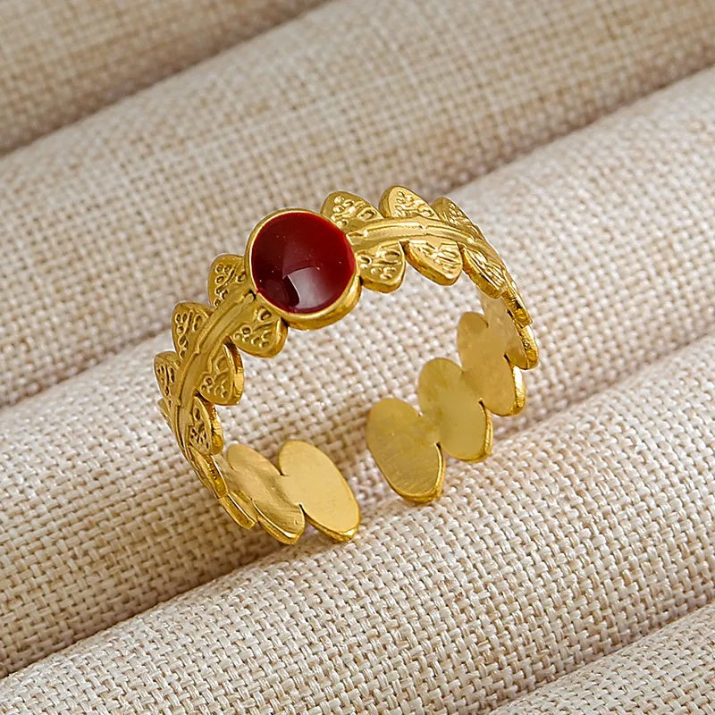 18K Gold Plated Stainless Steel Red Enamel Leaf Adjustable Ring
