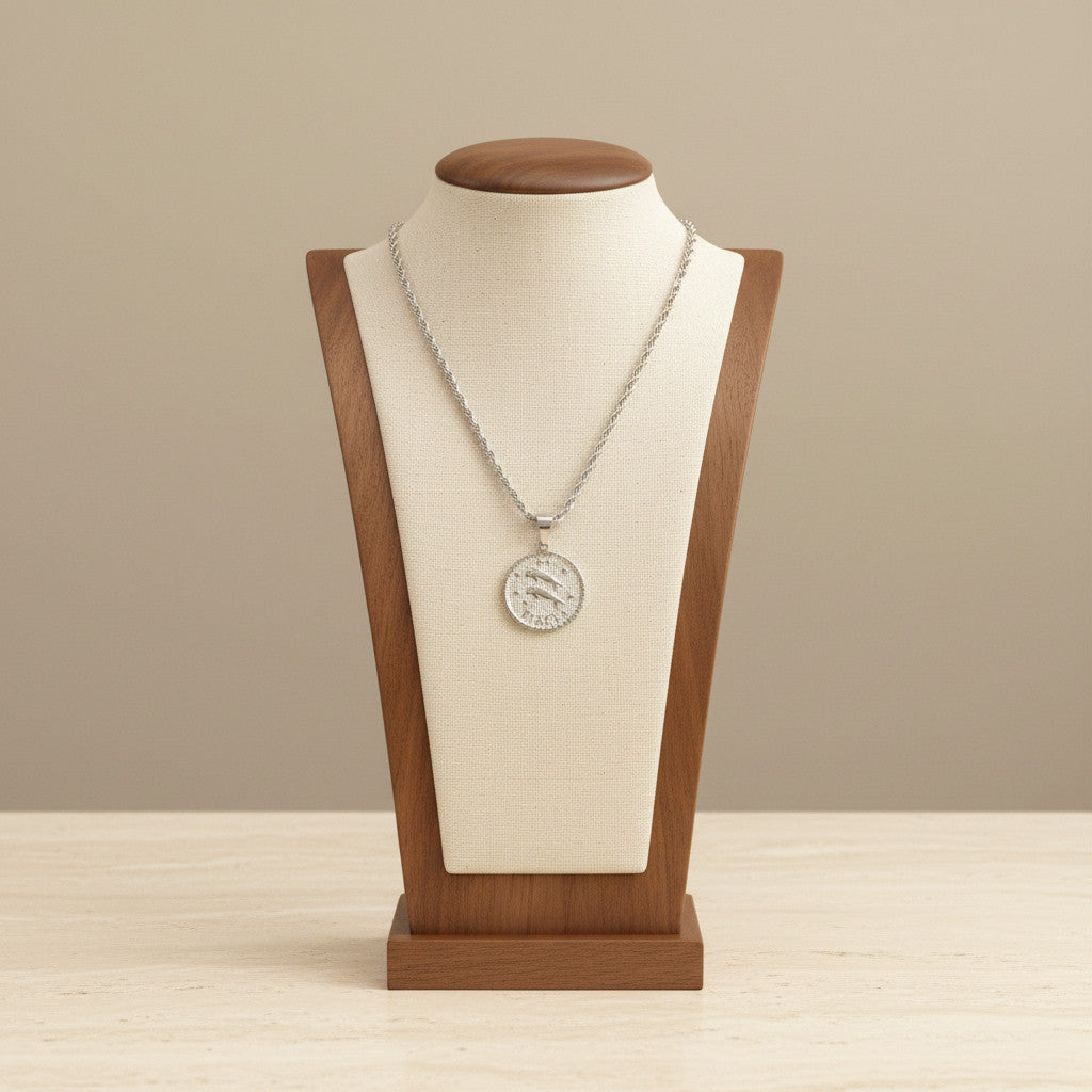 Zodiac Coin Pendant Necklace Silver Tone Stainless Steel Rope Chain Constellation