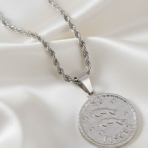 Zodiac Coin Pendant Necklace Silver Tone Stainless Steel Rope Chain Constellation