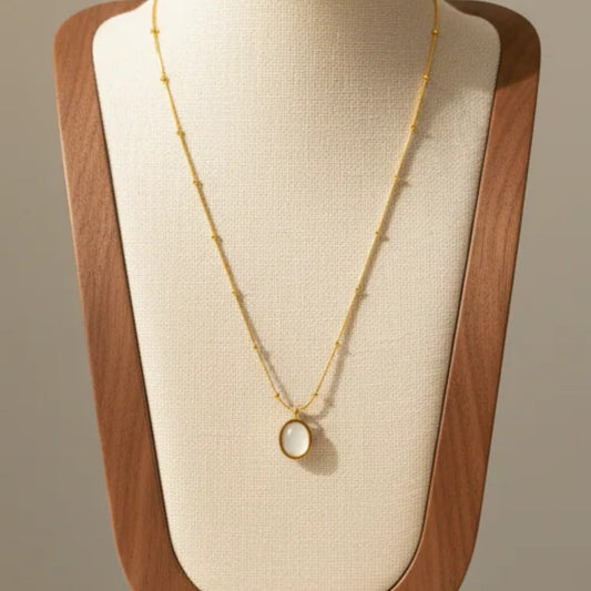 Round Cat Eye Stone Pendant Necklace Titanium Steel 18K Gold Plated White
