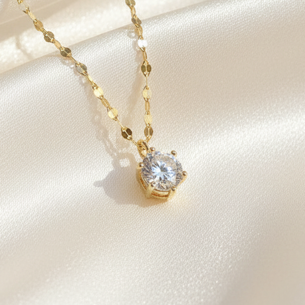 S925 Sterling Silver Single Stone Zirconia Necklace Six Prong Setting Gold