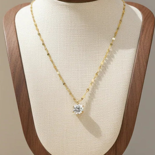S925 Sterling Silver Single Stone Zirconia Necklace Six Prong Setting Gold