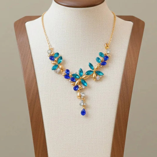 Petal Crystal Rhinestone Necklace Alloy Gold Blue