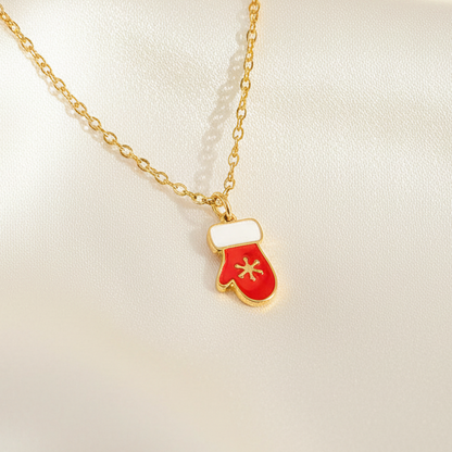 Snowflake Mitten Pendant Necklace Stainless Steel 18K Gold Plated Enamel