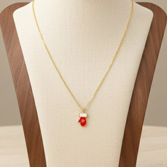Snowflake Mitten Pendant Necklace Stainless Steel 18K Gold Plated Enamel