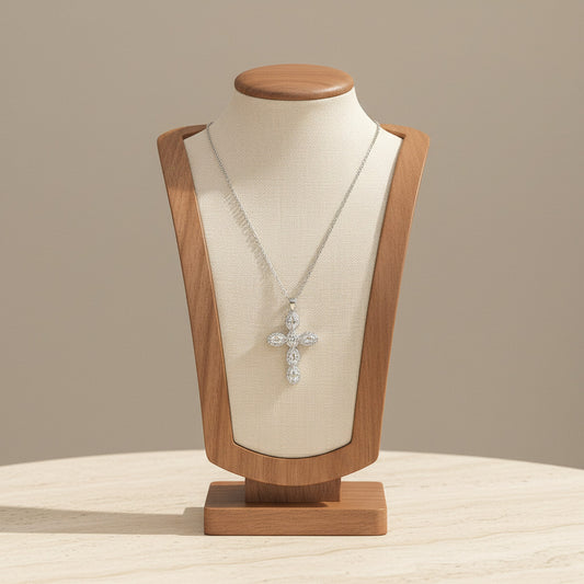 Pave Zirconia Cross Pendant Necklace Silver Tone Stainless Steel