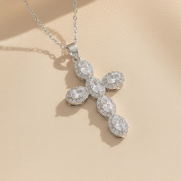 Pave Zirconia Cross Pendant Necklace Silver Tone Stainless Steel