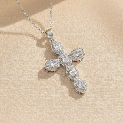 Pave Zirconia Cross Pendant Necklace Silver Tone Stainless Steel