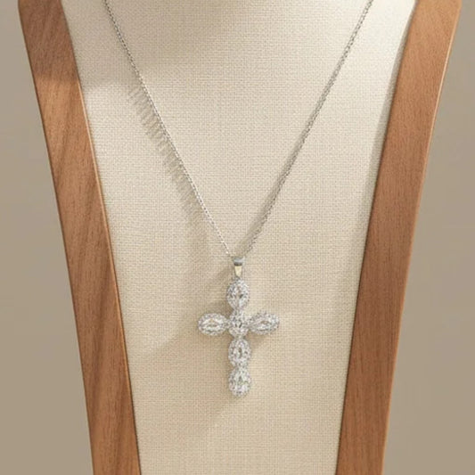 Pave Zirconia Cross Pendant Necklace Silver Tone Stainless Steel