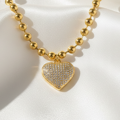 Rhinestone Big Heart Pendant Ball Bead Necklace Titanium Steel 18K Gold Plated