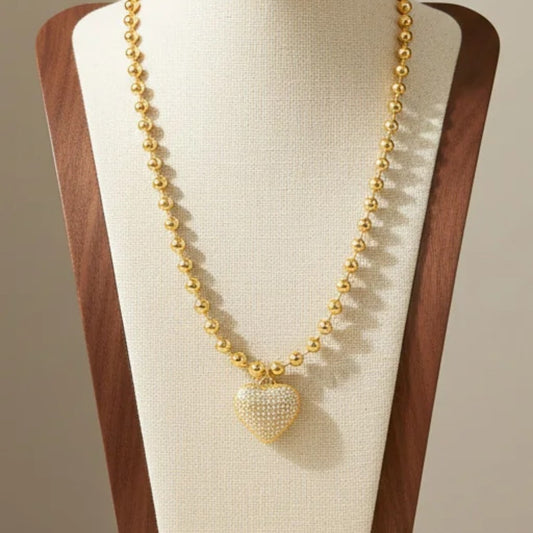 Rhinestone Big Heart Pendant Ball Bead Necklace Titanium Steel 18K Gold Plated
