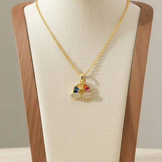 Rainbow Cloud Pendant Necklace Stainless Steel 18K Gold Plated Zirconia