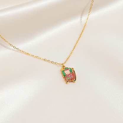 Sleigh Santa Pendant Necklace Stainless Steel 18K Gold Plated Enamel