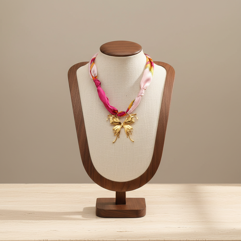 Satin Scarf Butterfly Pendant Necklace Stainless Steel 18K Gold Plated