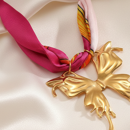 Satin Scarf Butterfly Pendant Necklace Stainless Steel 18K Gold Plated