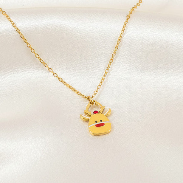 Red Nose Reindeer Pendant Necklace Stainless Steel 18K Gold Plated Enamel