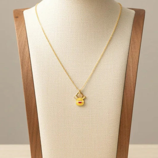 Red Nose Reindeer Pendant Necklace Stainless Steel 18K Gold Plated Enamel