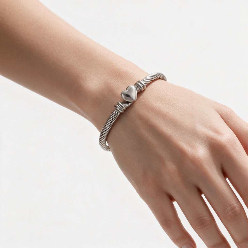Heart Charm Toggle Clasp Bangle - Silver