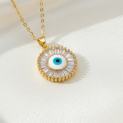 Radial Trapezoid Blue Evil Eye Pendant Necklace 18K Gold Plated Copper Cubic Zirconia