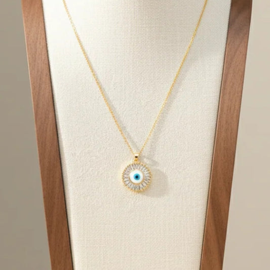 Radial Trapezoid Blue Evil Eye Pendant Necklace 18K Gold Plated Copper Cubic Zirconia