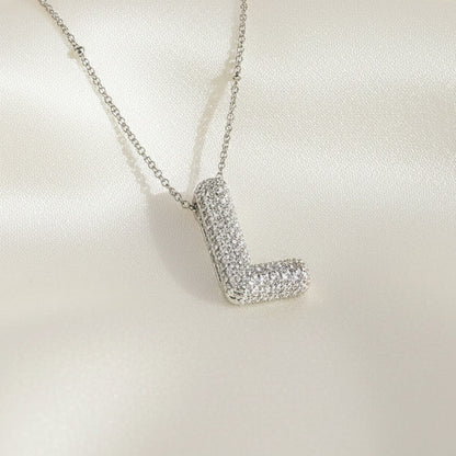 Alphabet Initial Pendant Necklace Silver Tone Micro Pave Zircon Stainless Steel