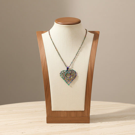 Grid Texture Hollow Heart Pendant Necklace Rainbow Stainless Steel Minimalist