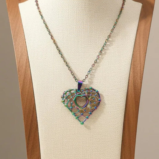 Grid Texture Hollow Heart Pendant Necklace Rainbow Stainless Steel Minimalist