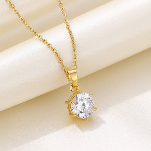 Six Prong Solitaire Pendant Necklace 18K Gold Plated Stainless Steel Cubic Zirconia