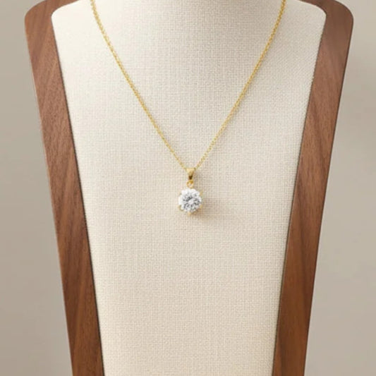 Six Prong Solitaire Pendant Necklace 18K Gold Plated Stainless Steel Cubic Zirconia
